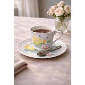 Seymour Mann Inc 1990s Porcelain Water Lily Cup & Saucer Set, Signed Eda